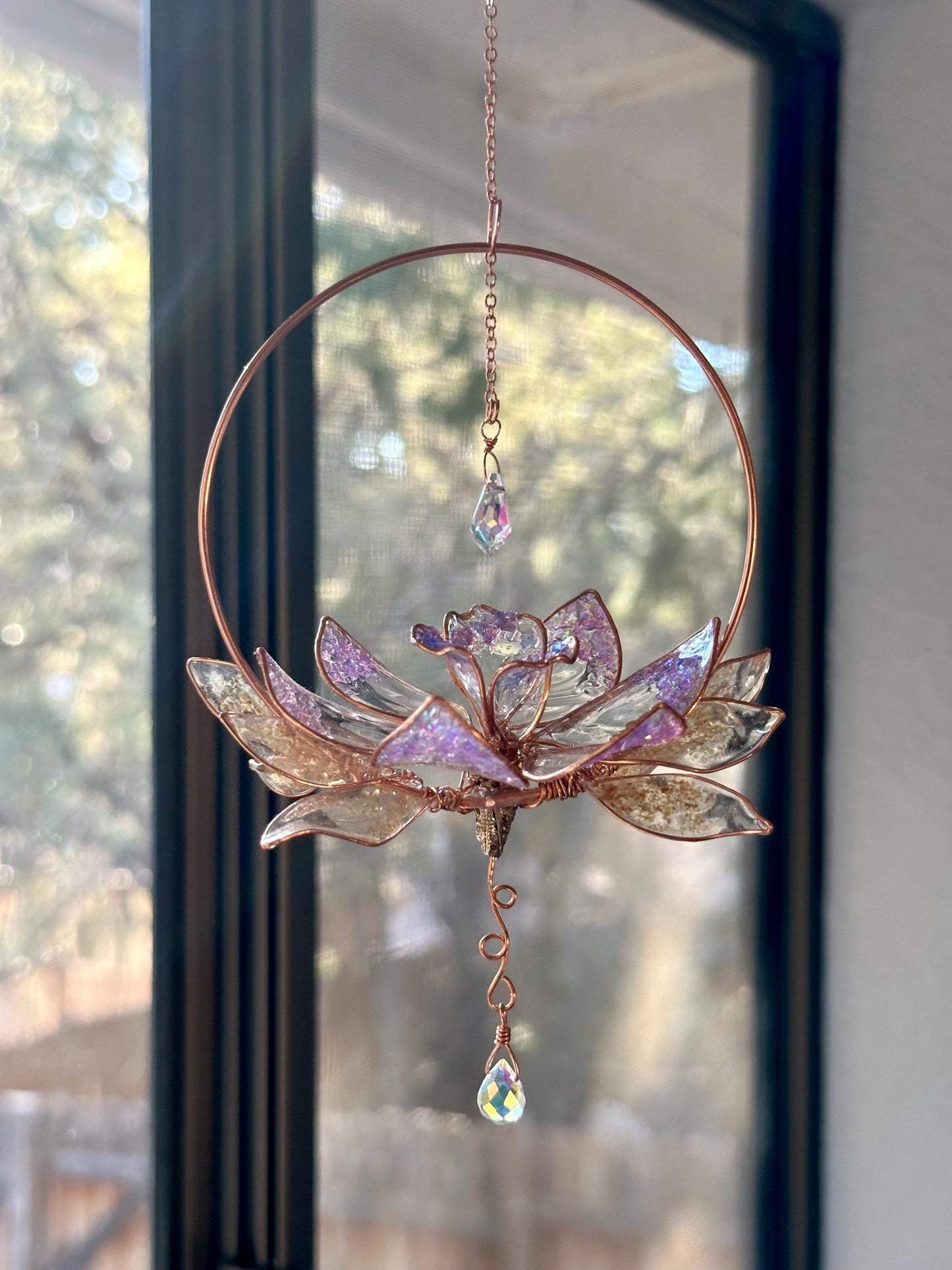 Holographic Daffodil Window suncatcher Copper wire and epoxy flower memorial grief gift holographic rainbow prism decor handmade unique gift