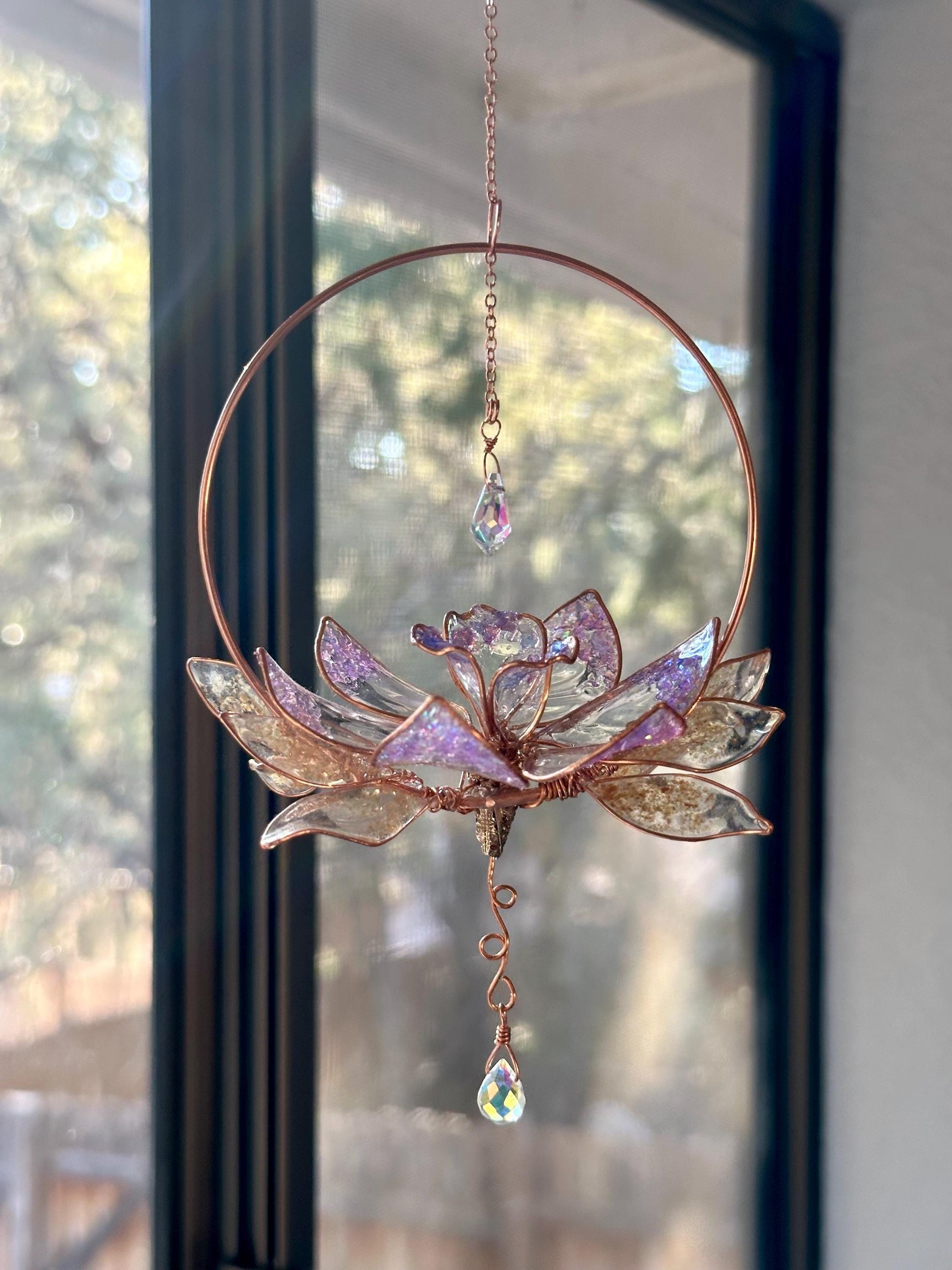 Holographic Daffodil Window suncatcher Copper wire and epoxy flower memorial grief gift holographic rainbow prism decor handmade unique gift