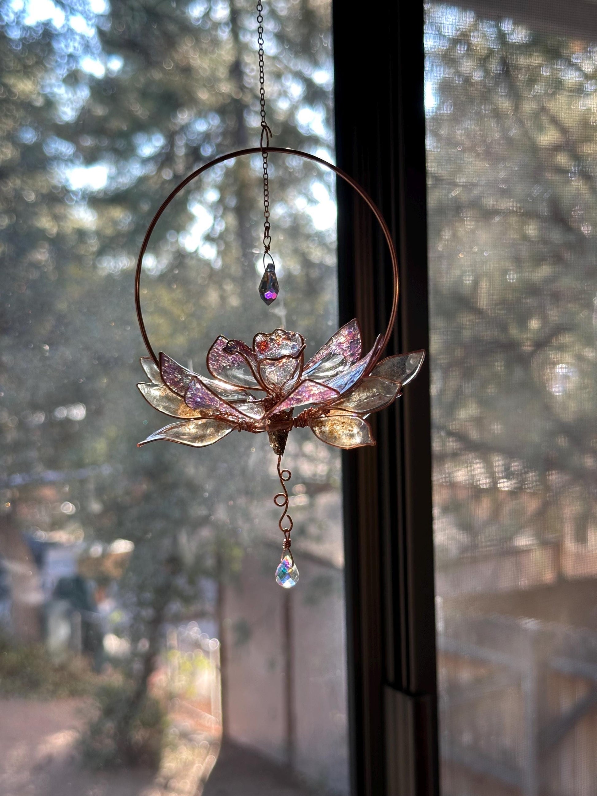 Holographic Daffodil Window suncatcher Copper wire and epoxy flower memorial grief gift holographic rainbow prism decor handmade unique gift