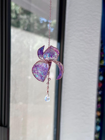 Holographic Purple Rear view Mirror Copper wire & epoxy flower suncatcher car accessory window dangle handmade gift crystal rainbow prism