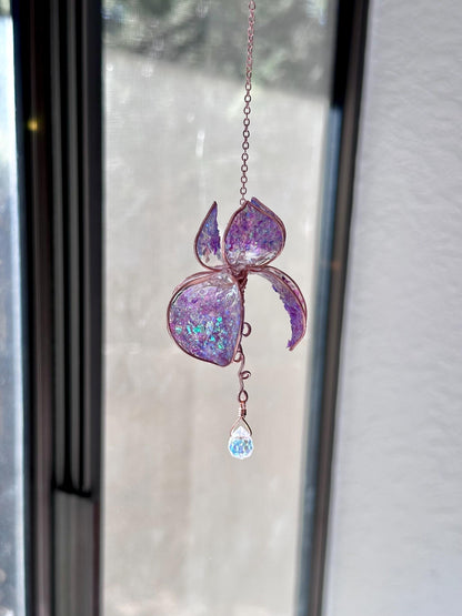 Holographic Purple Rear view Mirror Copper wire & epoxy flower suncatcher car accessory window dangle handmade gift crystal rainbow prism