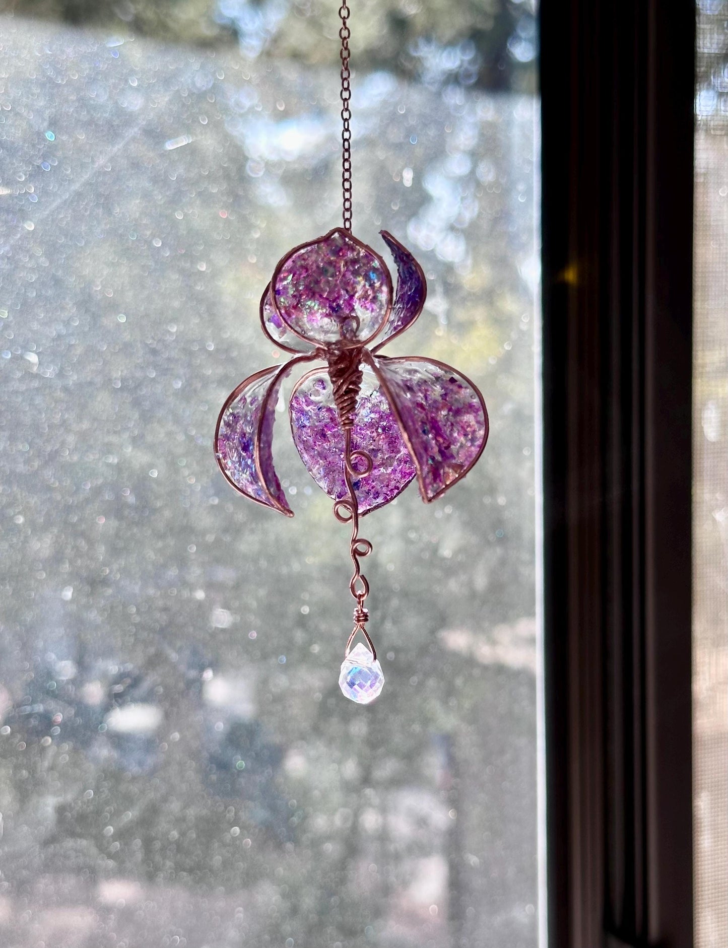 Holographic Purple Rear view Mirror Copper wire & epoxy flower suncatcher car accessory window dangle handmade gift crystal rainbow prism