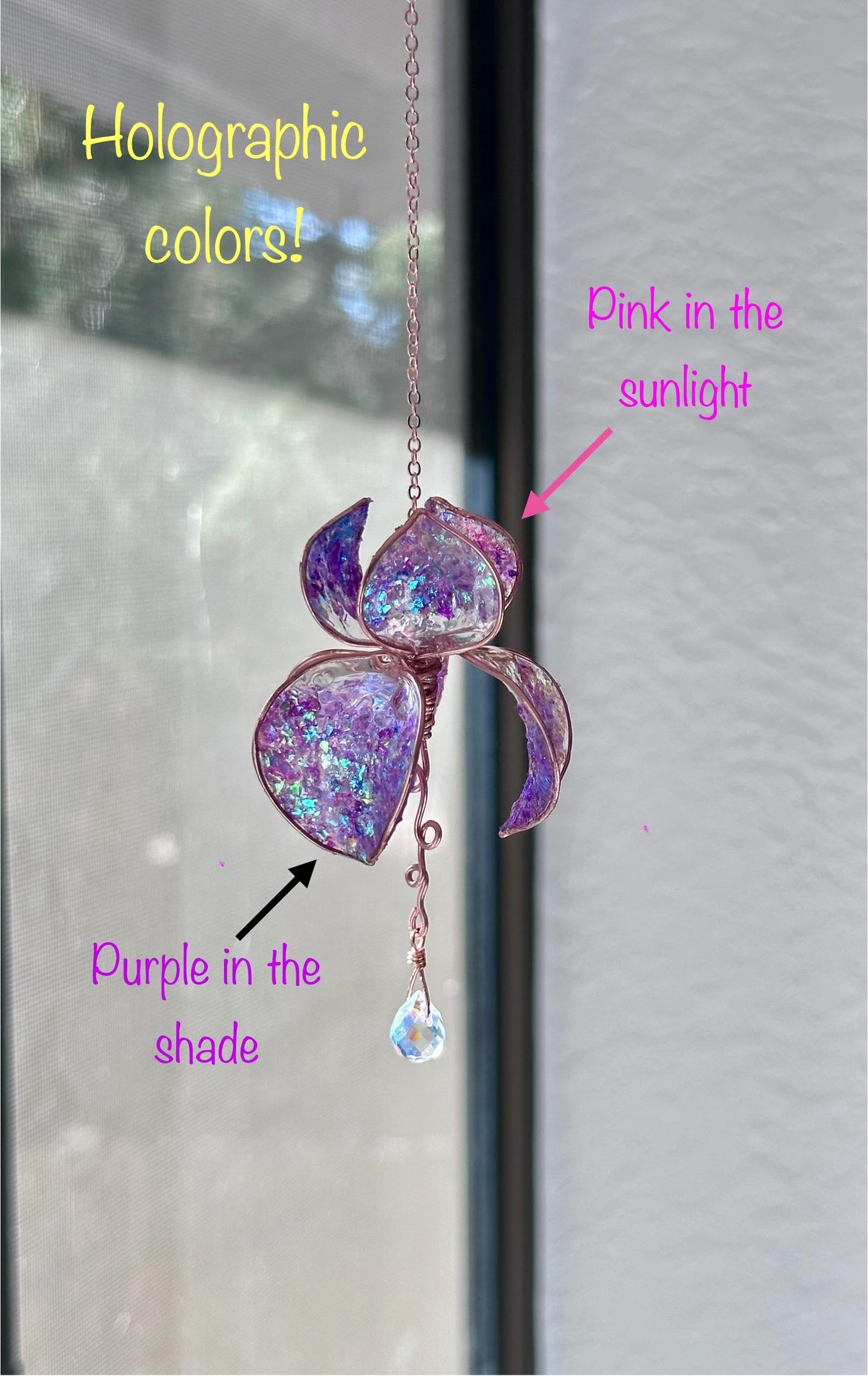 Holographic Purple Rear view Mirror Copper wire & epoxy flower suncatcher car accessory window dangle handmade gift crystal rainbow prism