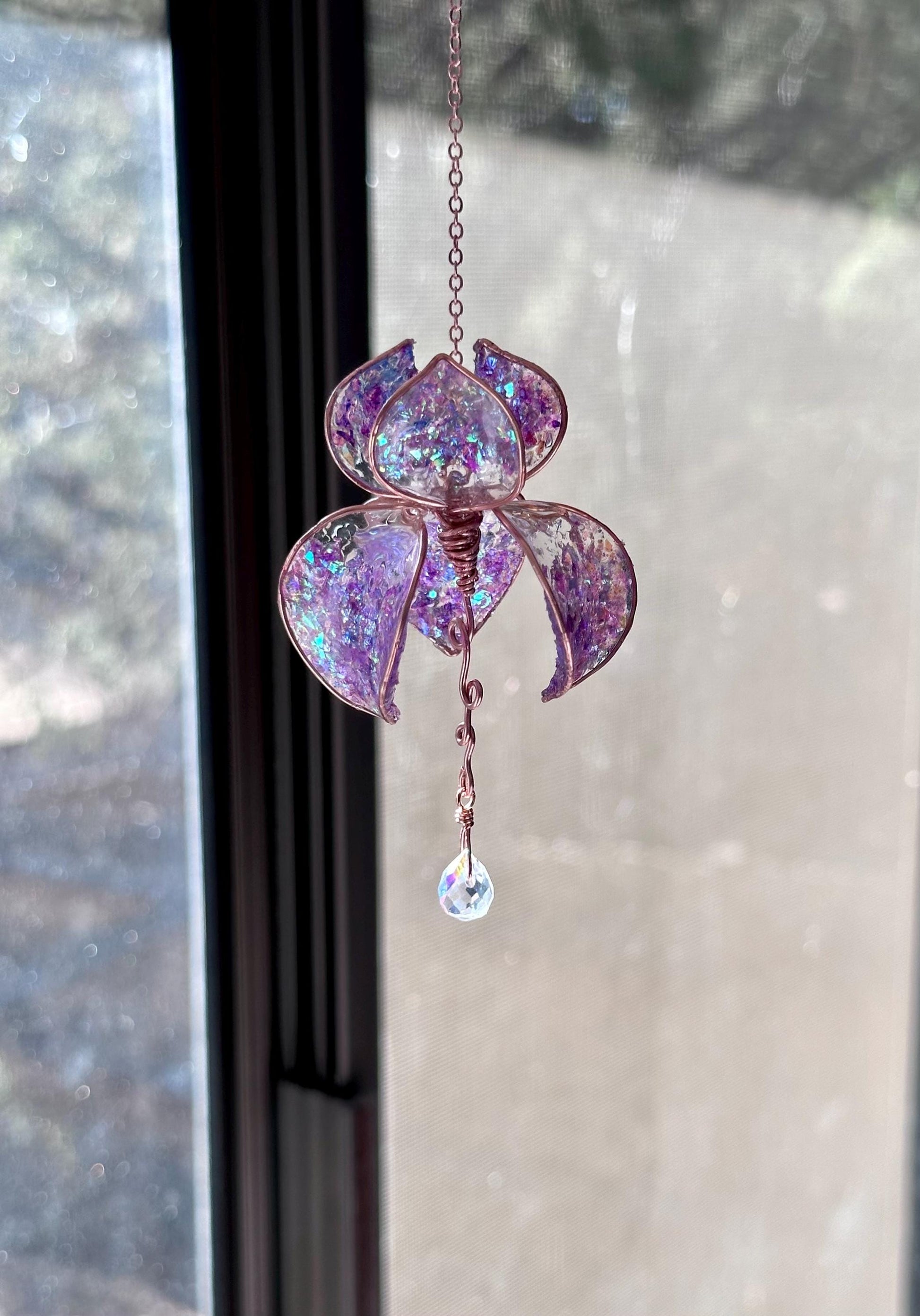 Holographic Purple Rear view Mirror Copper wire & epoxy flower suncatcher car accessory window dangle handmade gift crystal rainbow prism