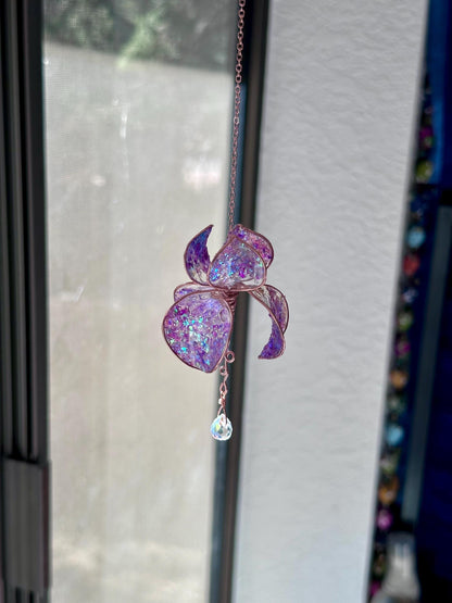 Holographic Purple Rear view Mirror Copper wire & epoxy flower suncatcher car accessory window dangle handmade gift crystal rainbow prism