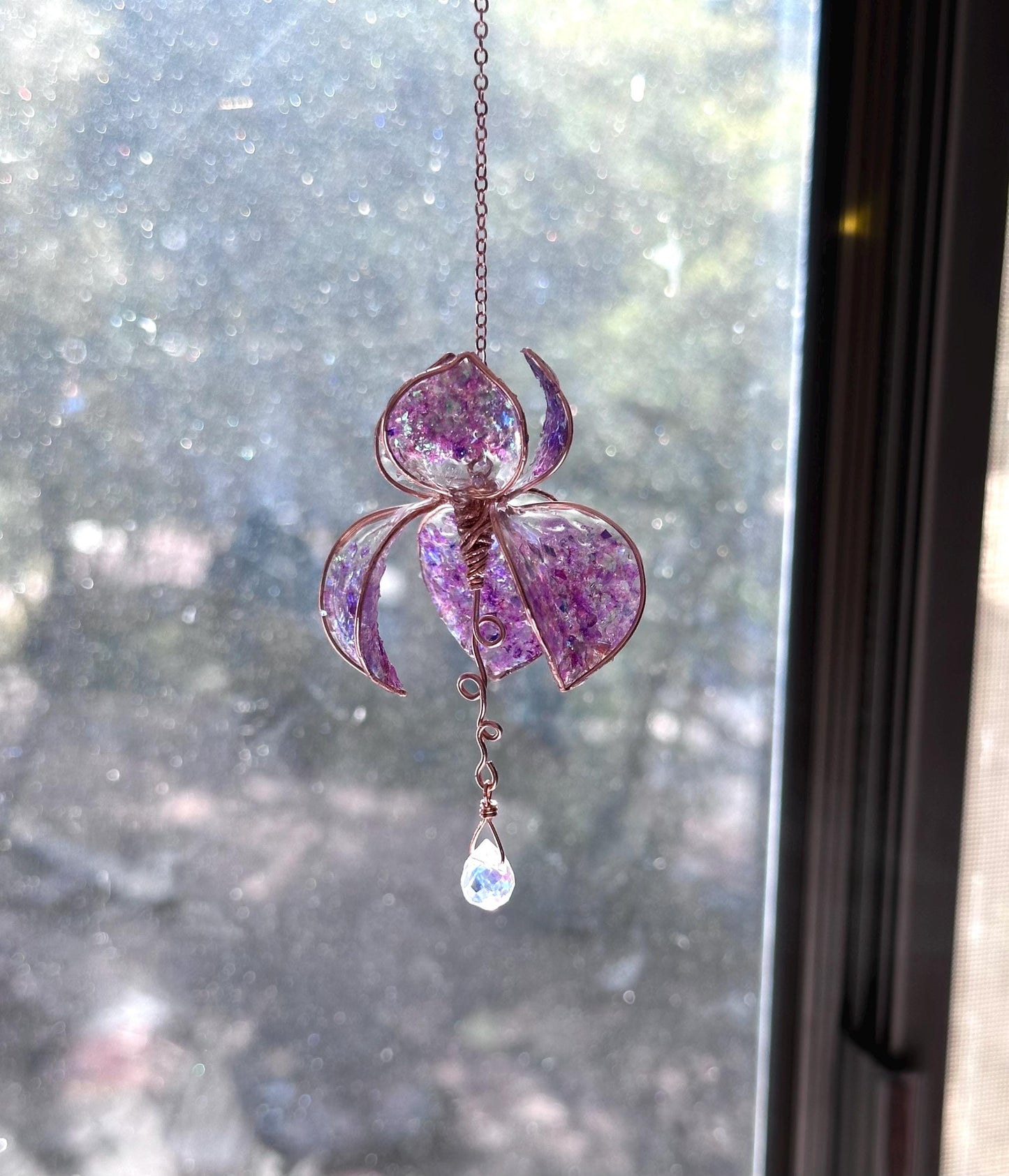 Holographic Purple Rear view Mirror Copper wire & epoxy flower suncatcher car accessory window dangle handmade gift crystal rainbow prism