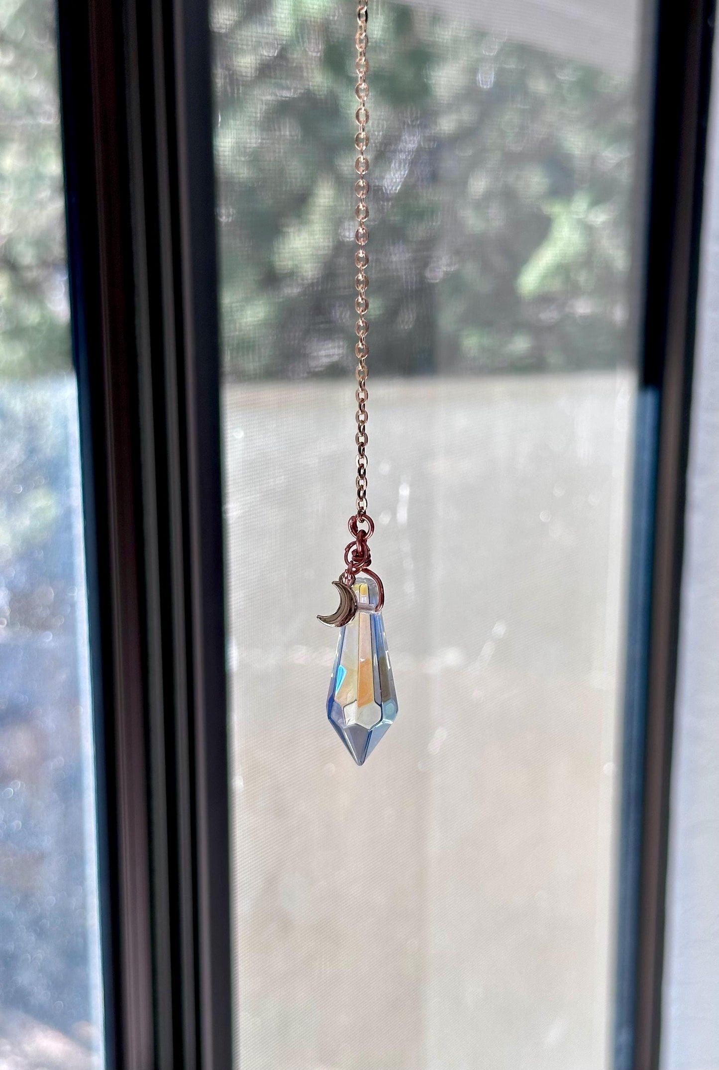 Simple pointed Rainbow prism window dangle suncatcher with moon charm gold accent rear view mirror car accessory gift for her crystal copper