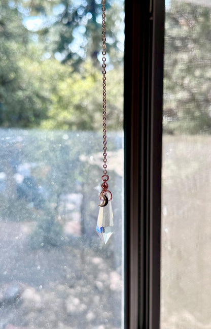 Simple pointed Rainbow prism window dangle suncatcher with moon charm gold accent rear view mirror car accessory gift for her crystal copper