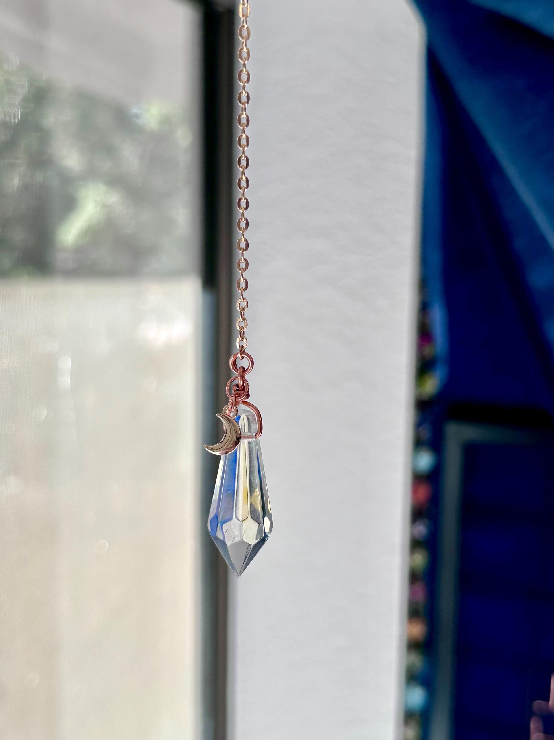 Simple pointed Rainbow prism window dangle suncatcher with moon charm gold accent rear view mirror car accessory gift for her crystal copper