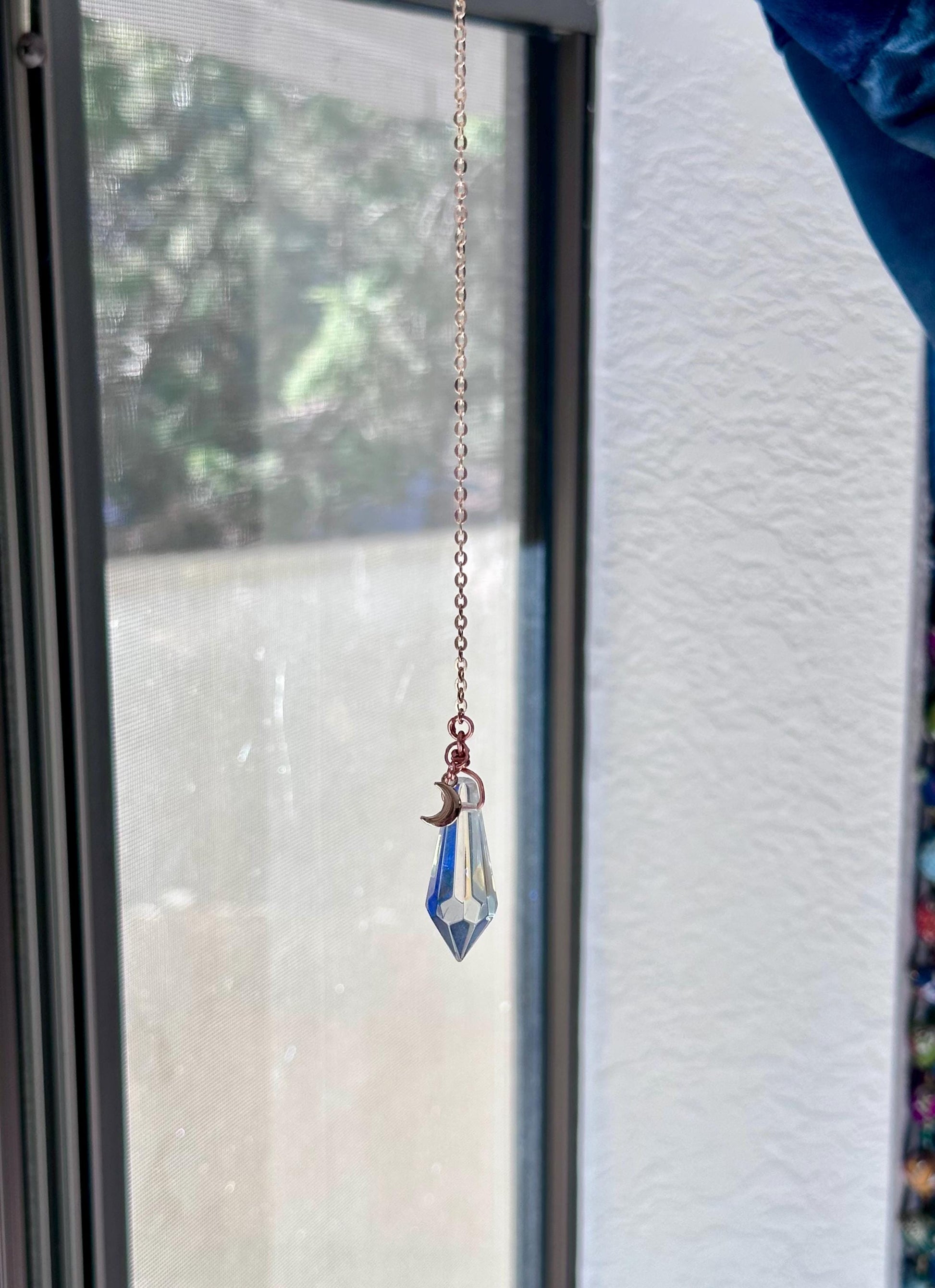 Simple pointed Rainbow prism window dangle suncatcher with moon charm gold accent rear view mirror car accessory gift for her crystal copper