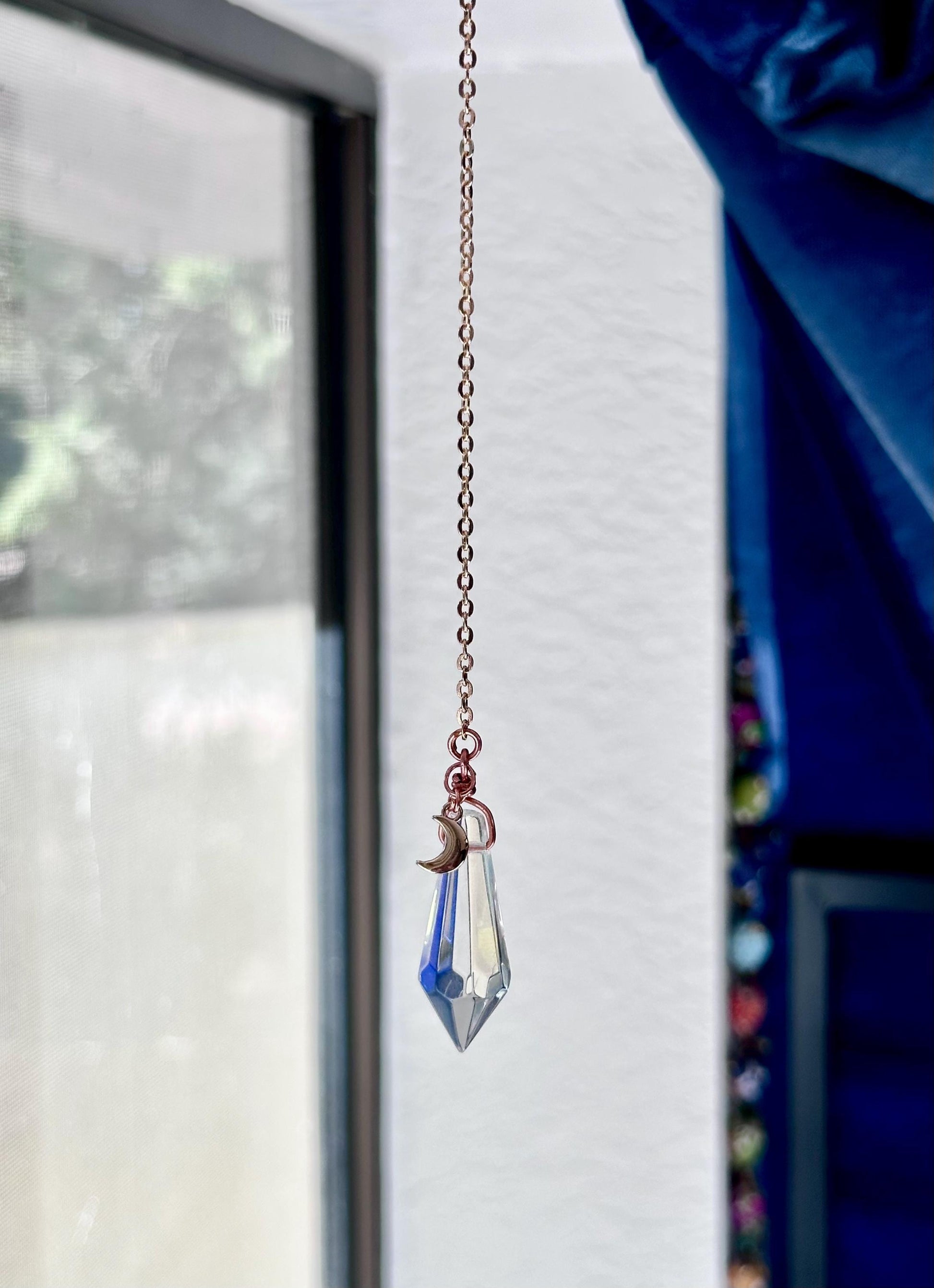 Simple pointed Rainbow prism window dangle suncatcher with moon charm gold accent rear view mirror car accessory gift for her crystal copper