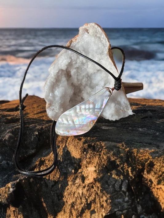 Leaf shaped Abalone shell pendant necklace with adjustable cord