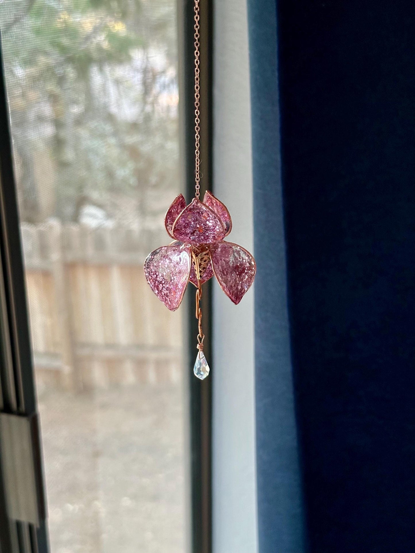 Rose Pink Rear view Mirror Copper wire and epoxy flower suncatcher car accessory gem crystal window dangle decor handmade gift rainbow prism