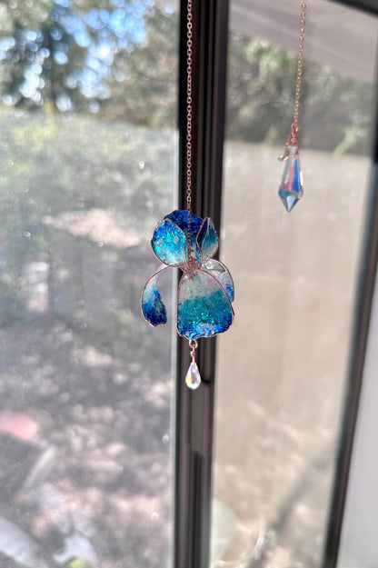 Rear view mirror Ocean Blue Ombre car Window sun catcher mini Copper wire and epoxy Iris flower dangle crystal rainbow prisms gift teacher