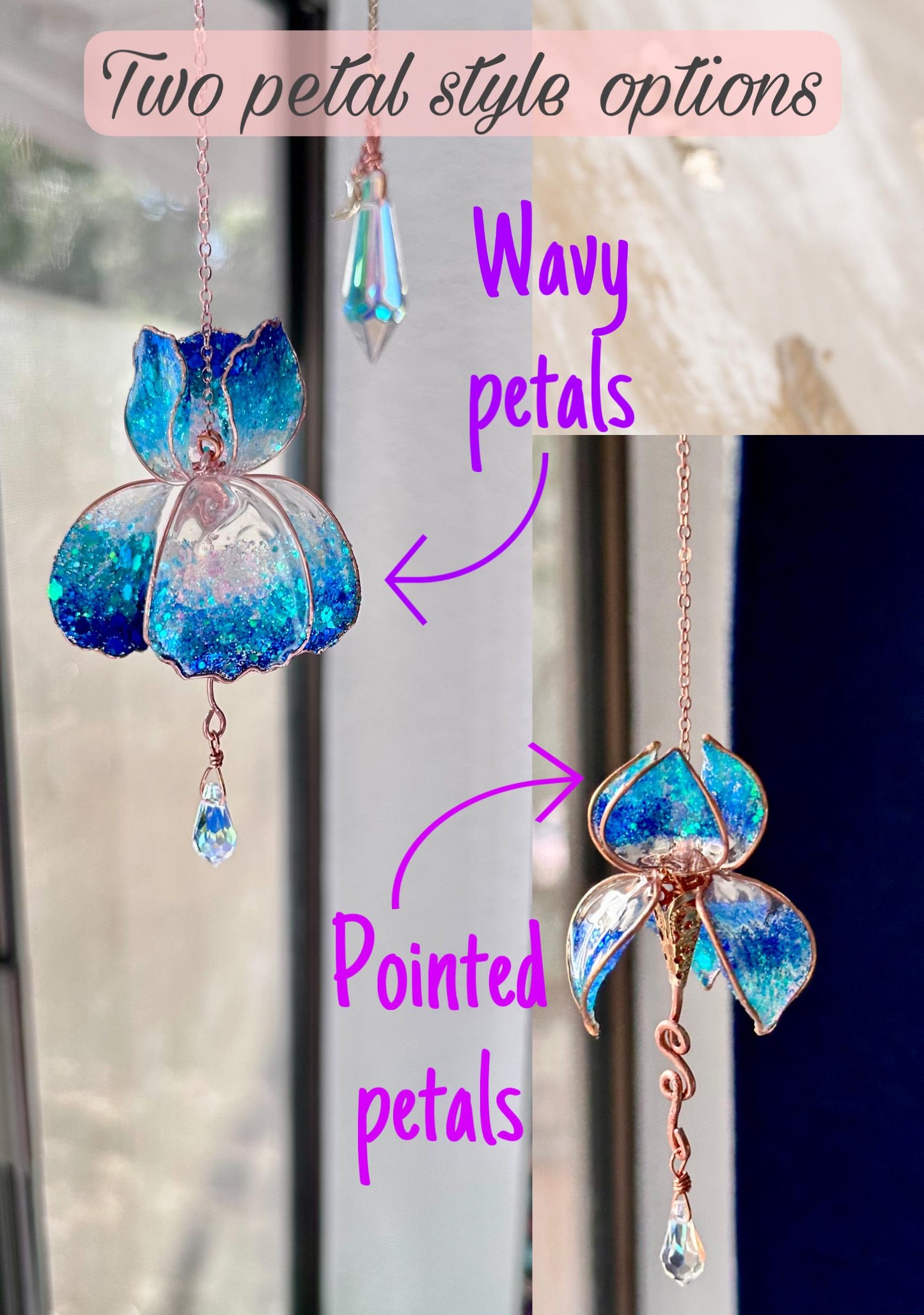 Rear view mirror Ocean Blue Ombre car Window sun catcher mini Copper wire and epoxy Iris flower dangle crystal rainbow prisms gift teacher