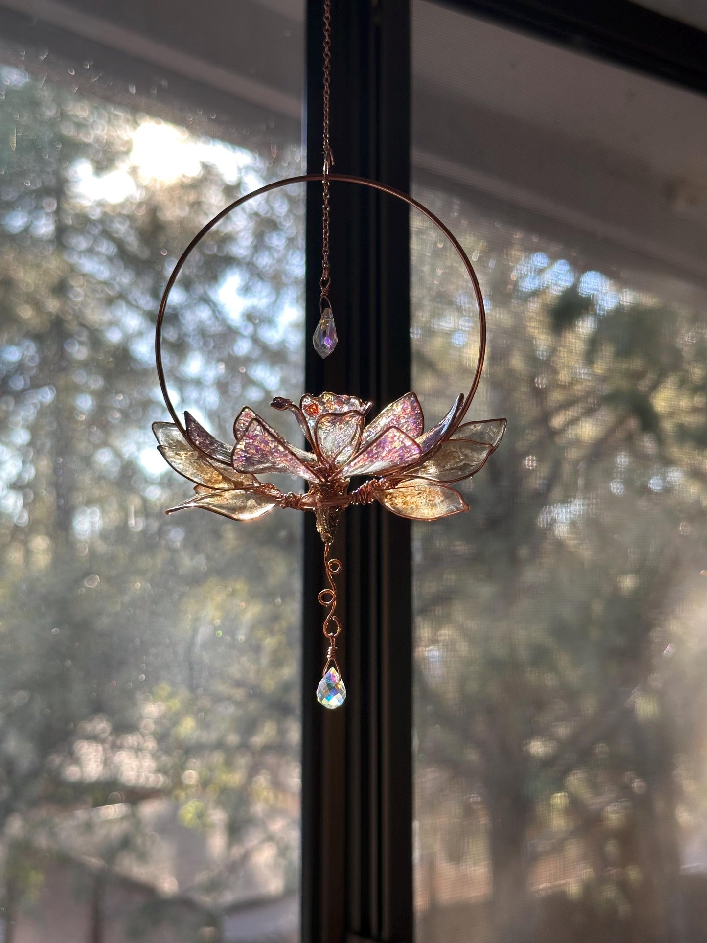 Holographic Daffodil Window suncatcher Copper wire and epoxy flower memorial grief gift holographic rainbow prism decor handmade unique gift