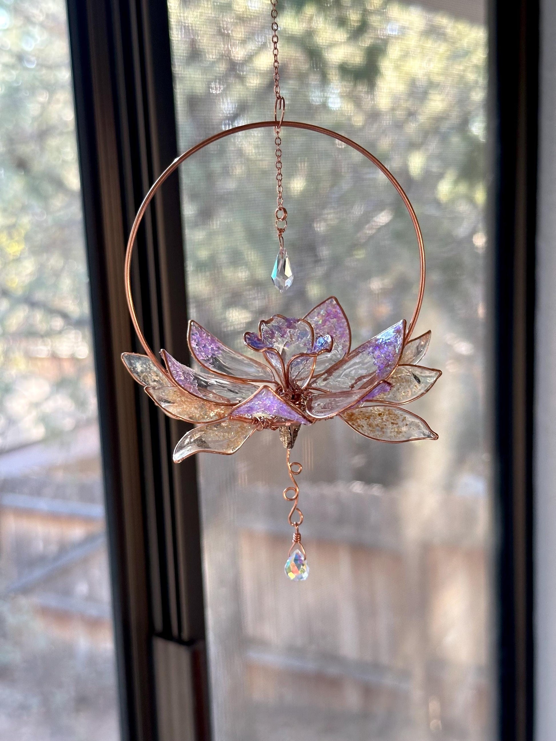 Holographic Daffodil Window suncatcher Copper wire and epoxy flower memorial grief gift holographic rainbow prism decor handmade unique gift