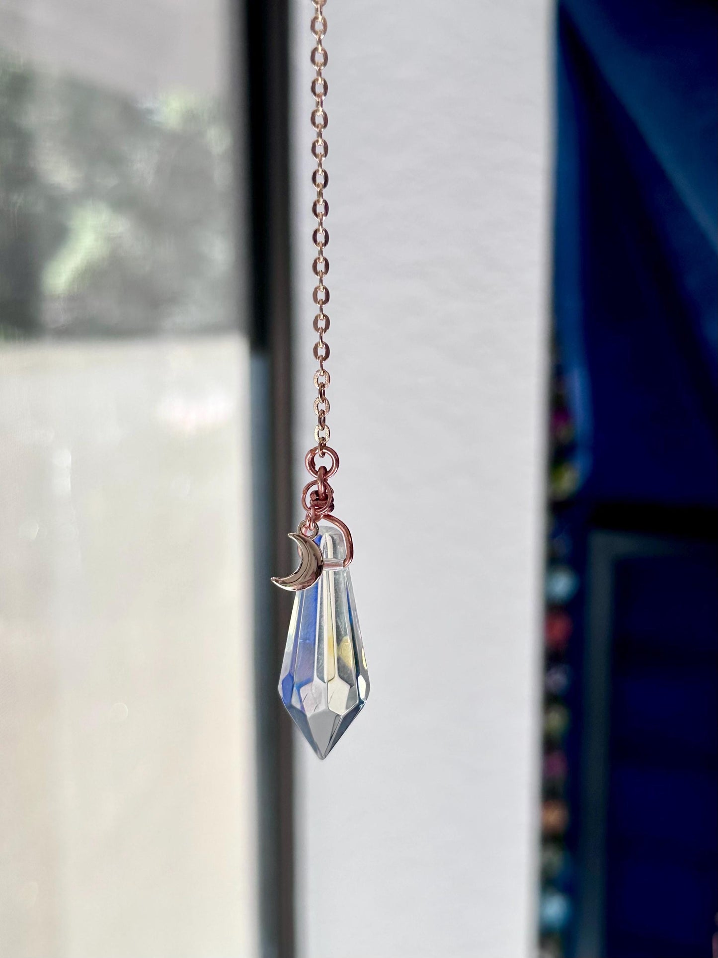 Simple pointed Rainbow prism window dangle suncatcher with moon charm gold accent rear view mirror car accessory gift for her crystal copper