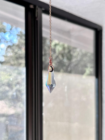 Simple pointed Rainbow prism window dangle suncatcher with moon charm gold accent rear view mirror car accessory gift for her crystal copper