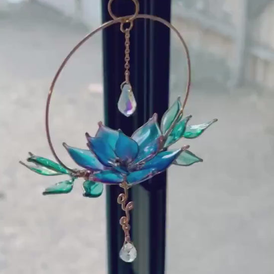 Window suncatcher Rear view Mirror Copper wire epoxy handmade lotus flower car sun catcher grief and loss gift rainbow prism dangle crystals