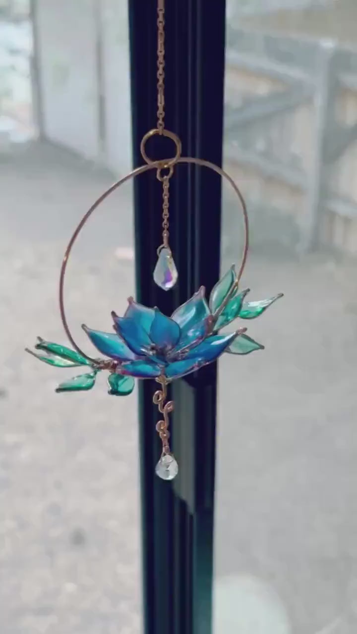 Window suncatcher Rear view Mirror Copper wire epoxy handmade lotus flower car sun catcher grief and loss gift rainbow prism dangle crystals