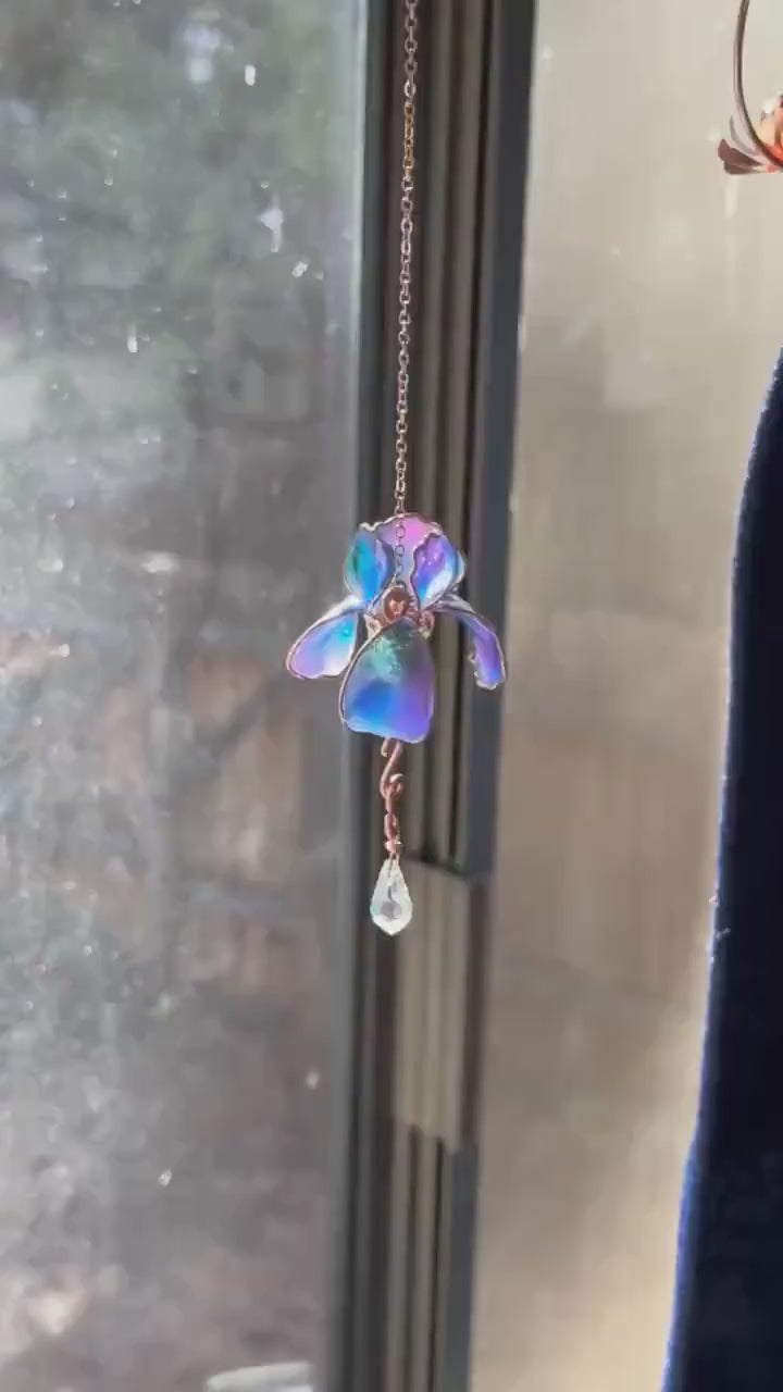 Window sun catcher mini Rear view Mirror Copper wire and epoxy Iris flower dangle charm crystal rainbow prisms gift 2 tone color pink & blue