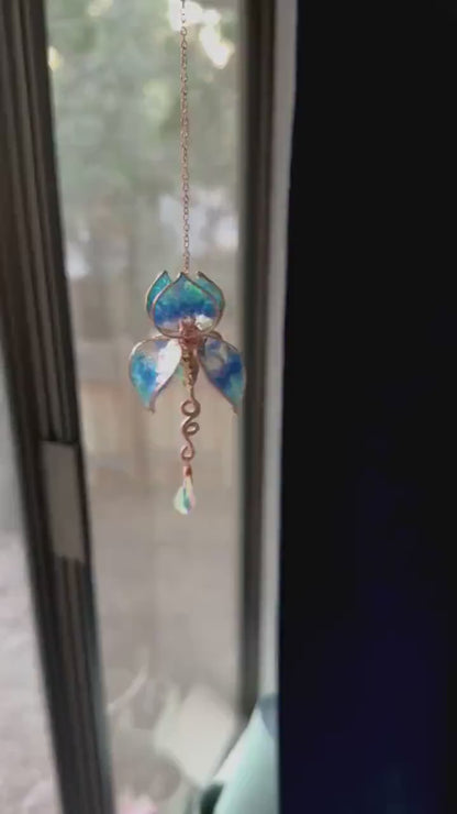 Rear view mirror Ocean Blue Ombre car Window sun catcher mini Copper wire and epoxy Iris flower dangle crystal rainbow prisms gift teacher